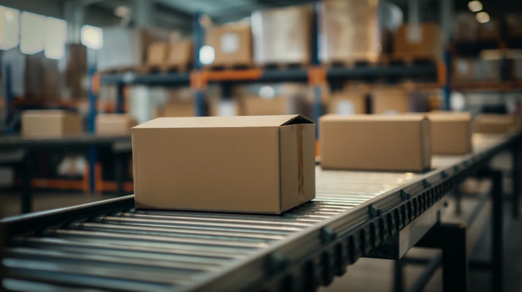 Versandfertige Pakete auf dem Förderband im Fulfillment-Lager